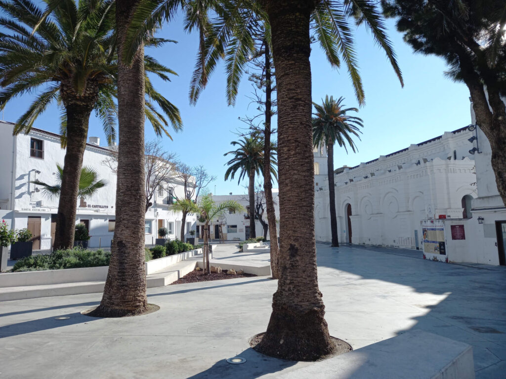 White streets of the historic center of Conil de la Frontera with flowers and traditional facades